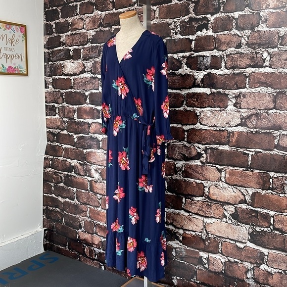 Joules Dress Women's 16 Plus Blue Floral Long Sleeve Maxi V-Neck NWT - Picture 6 of 17